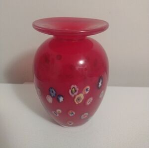 Vintage Cherry red millifiore Murano style hand blown glass vase 6.5"